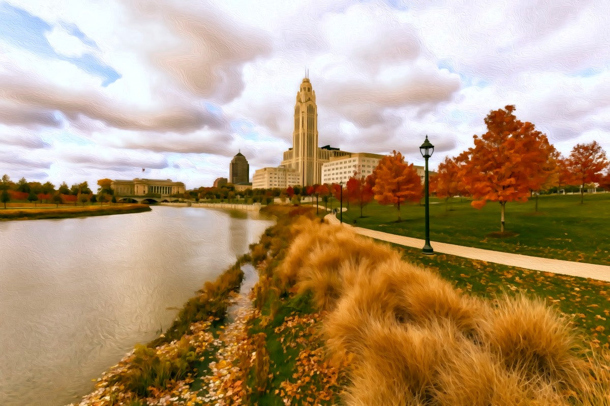 Scioto River Downtown Riverfront gallery canvas, unframed and in an espresso floating frame — Columbus, Ohio
