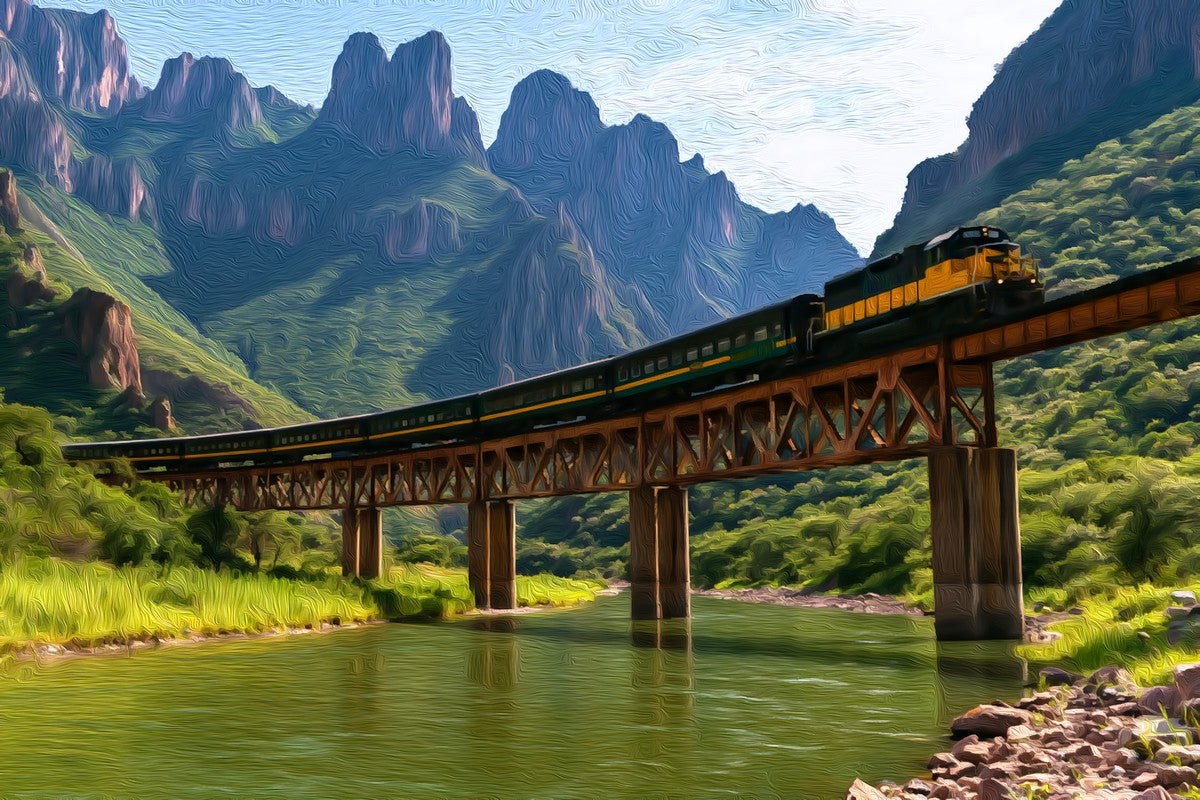El Chepe Train Bridge gallery canvas, unframed and in an espresso floating frame — Copper Canyon, Mexico