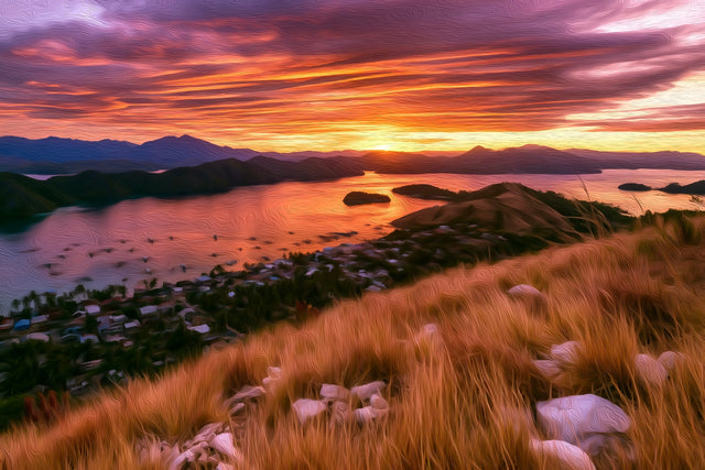 Coron Bay Sunset Panorama, Coron watercolor canvas