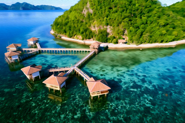 Coron Overwater Bungalows Resort, Coron watercolor canvas