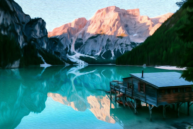 Lago di Braies Boathouse, Dolomites watercolor canvas