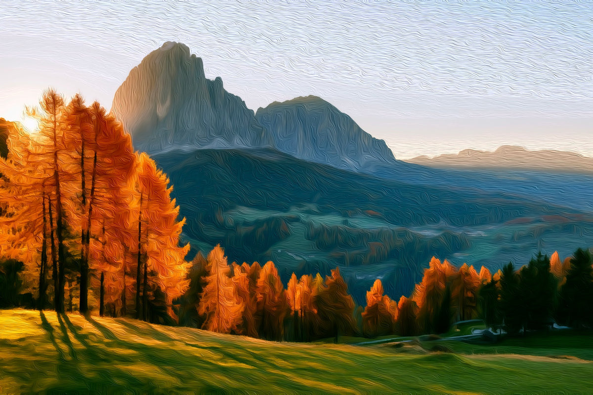 Sassolungo Peak Autumn Larches gallery canvas, unframed and in an espresso floating frame — Dolomites, Italy