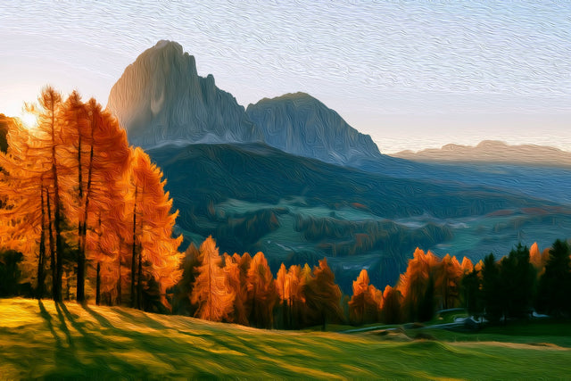 Sassolungo Peak Autumn Larches, Dolomites watercolor canvas