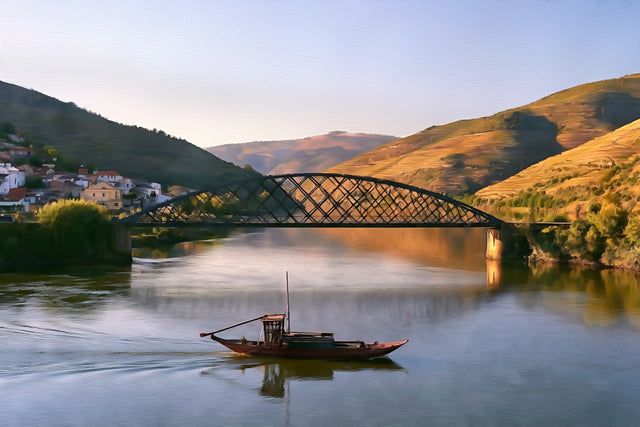 Douro Valley Iron Bridge Rabelo Boat, Douro Valley watercolor canvas