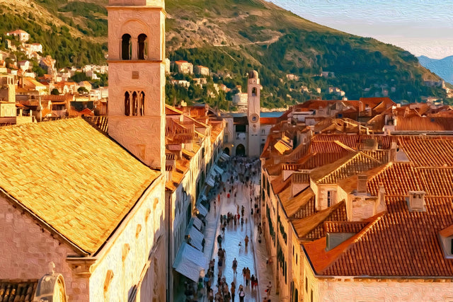 Stradun Promenade Bell Tower, Dubrovnik City Walls watercolor canvas
