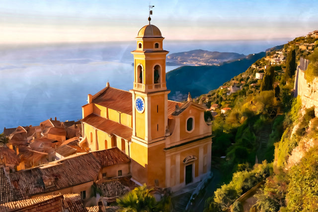 Eze Church Clock Tower, Eze watercolor canvas