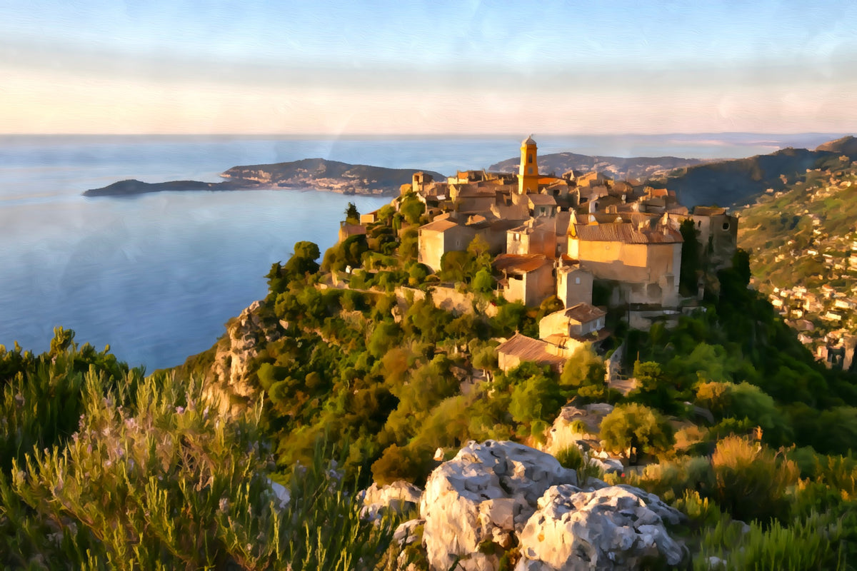 Eze Village Hilltop Panorama gallery canvas, unframed and in an espresso floating frame — Eze, France