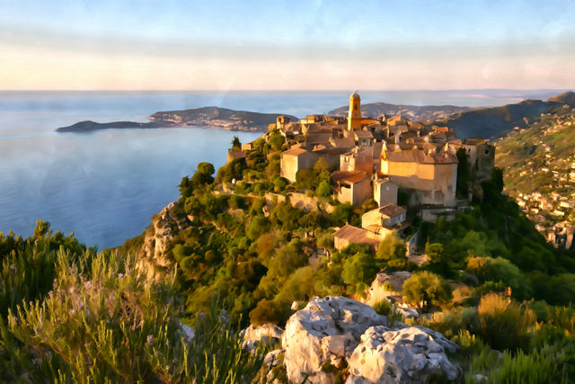 Eze Village Hilltop Panorama, Eze watercolor canvas