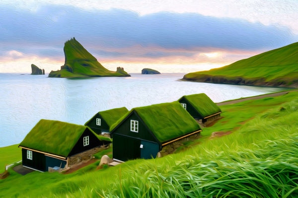 Bøur Village Seastacks View, Faroe Islands watercolor canvas