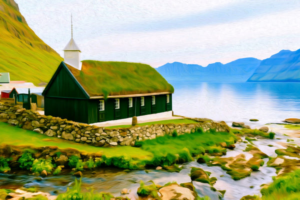 Bour Village Turf Church, Faroe Islands watercolor canvas