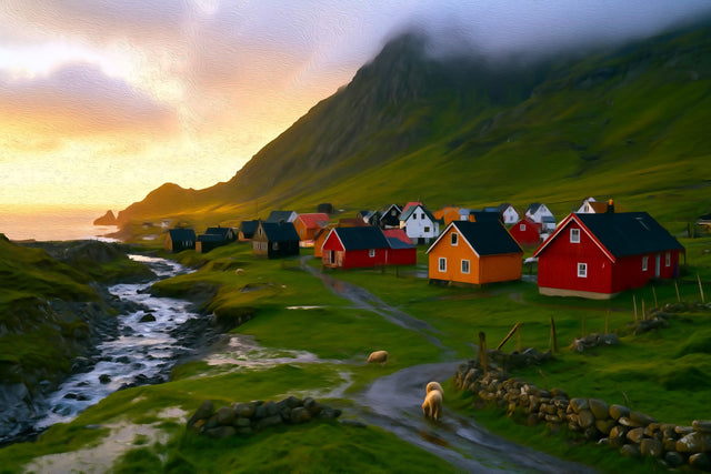 Faroe Islands Coastal Village, Faroe Islands watercolor canvas