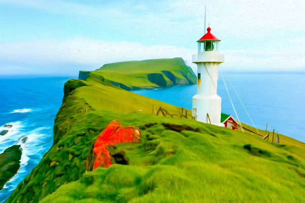 Mykines Lighthouse Hilltop, Faroe Islands watercolor canvas
