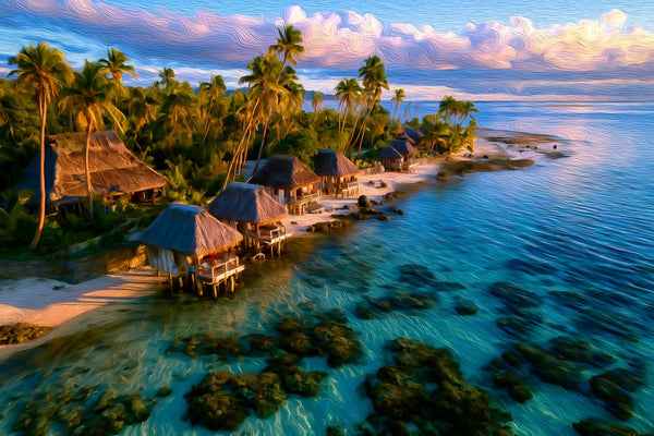 Tropical Overwater Bungalows Paradise, Fiji Islands watercolor canvas