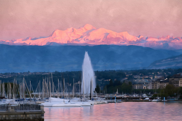 Jet d'Eau Lake Geneva Marina, Geneva watercolor canvas