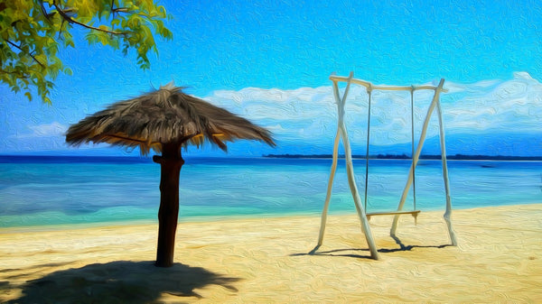 Tropical Beach Swing Paradise, Gili Islands watercolor canvas