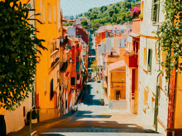 Colorful Hillside Village Street, Gracia watercolor canvas