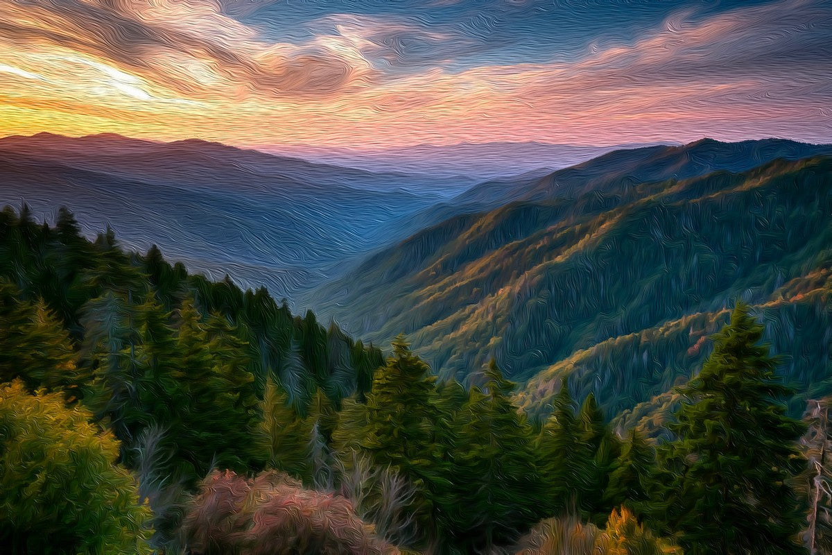 Smoky Mountains Sunset Vista gallery canvas, unframed and in an espresso floating frame — Great Smoky Mountains, Tennessee
