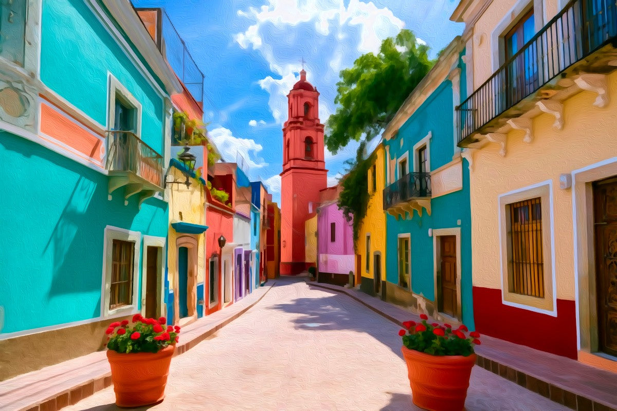 Guanajuato Colorful Street Bell Tower gallery canvas, unframed and in an espresso floating frame — Guanajuato, Mexico