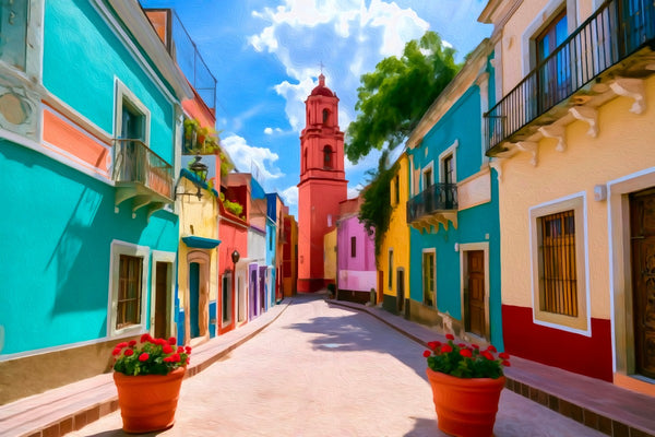 Guanajuato Colorful Street Bell Tower, Guanajuato watercolor canvas