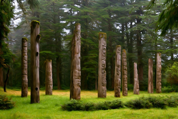 SGang Gwaay Ninstints Totem Poles, Haida Gwaii watercolor canvas