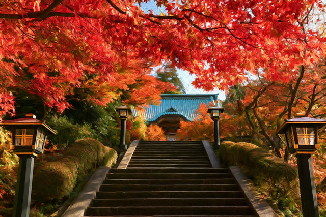 Hakone Temple Autumn Stairway, Hakone watercolor canvas