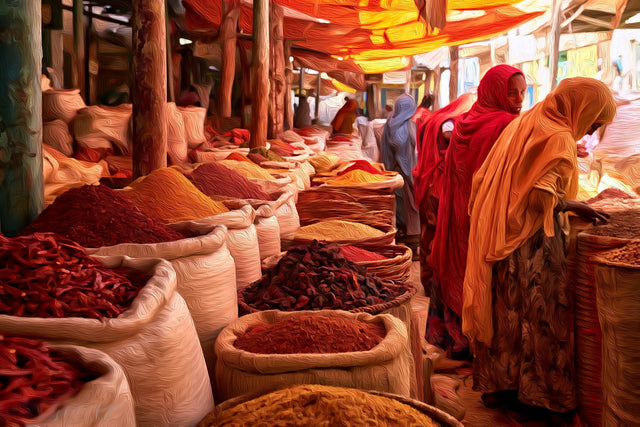 Harar Spice Market Stalls, Harar watercolor canvas