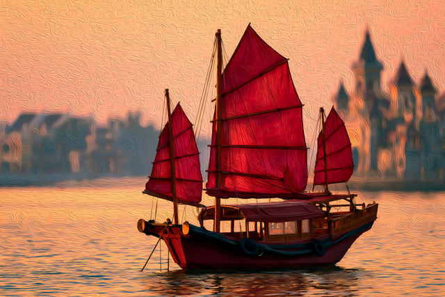 Hong Kong Harbor Junk Boat, Hong Kong watercolor canvas