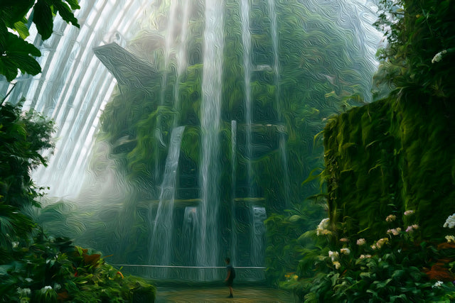 Indoor Waterfall Conservatory Singapore, Gardens by the Bay watercolor canvas