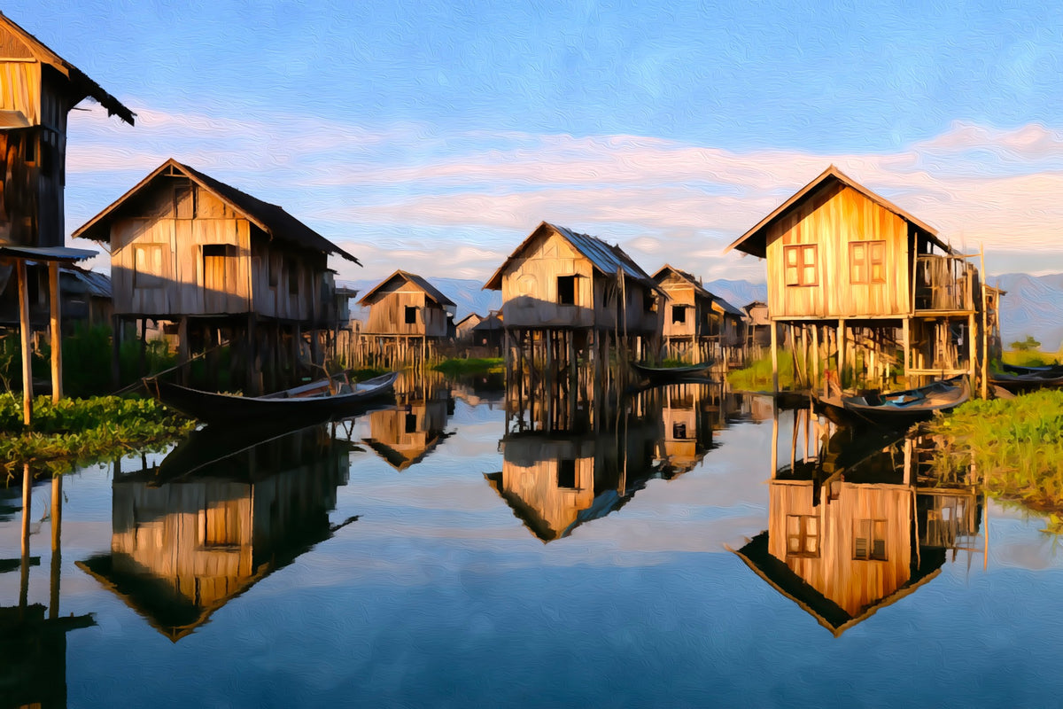 Inle Lake Stilt Village gallery canvas, unframed and in an espresso floating frame — Inle Lake, Myanmar