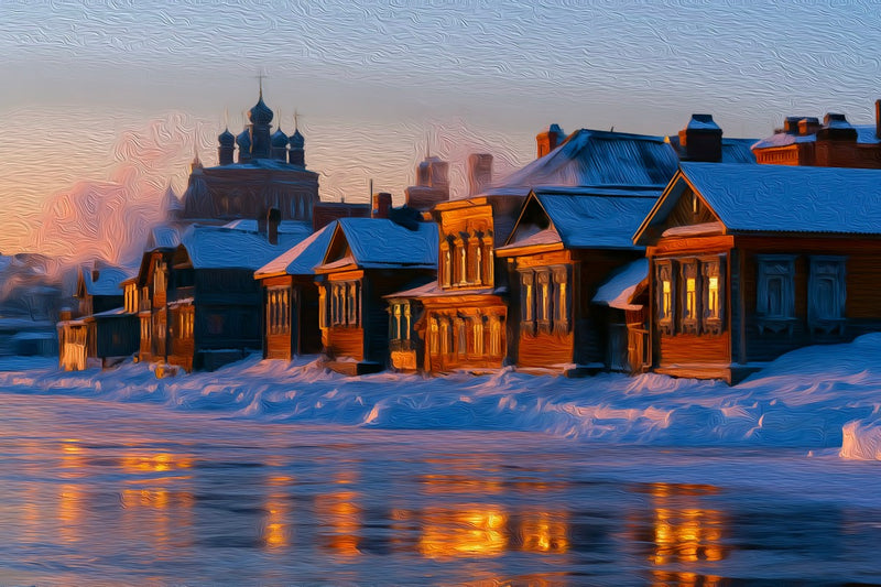 Siberian Winter Riverside Village, Irkutsk canvas