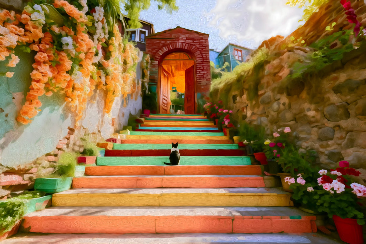 Balat Colorful Neighborhood Steps gallery canvas, unframed and in an espresso floating frame — Istanbul, Turkey