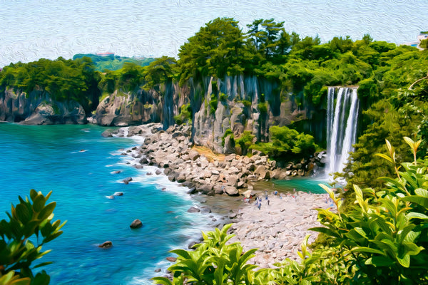 Jeongbang Waterfall Coastal Cliffs, Jeju Island watercolor canvas