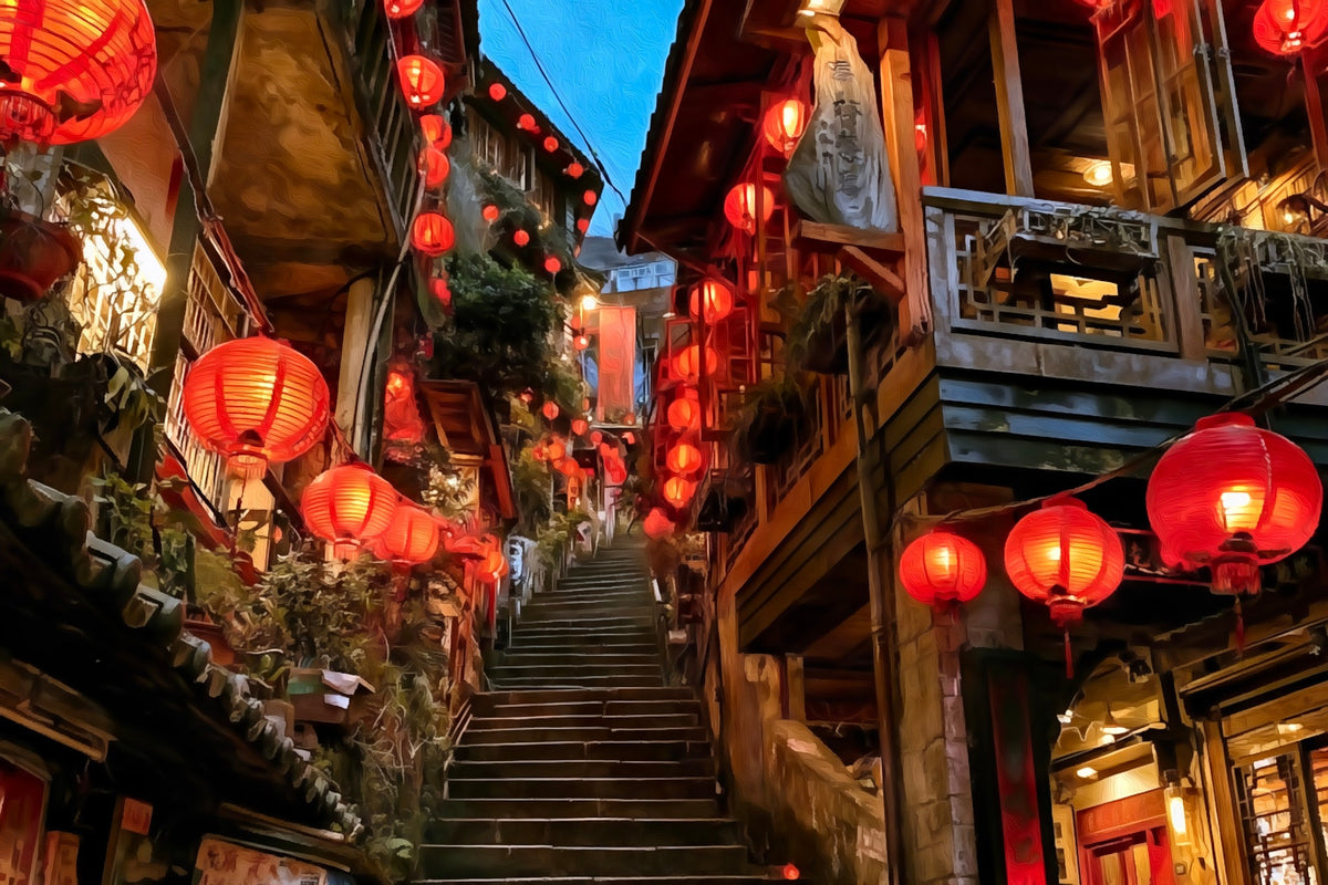 Jiufen Old Street Lantern Stairs gallery canvas, unframed and in an espresso floating frame — Jiufen, Taiwan