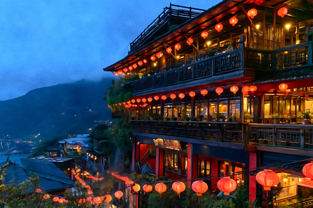 Jiufen Teahouse Lantern Steps, Jiufen watercolor canvas