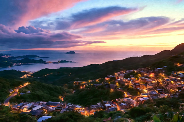 Jiufen Hillside Village Sunset, Jiufen watercolor canvas
