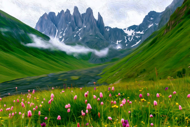 Chaukhi Massif Alpine Valley, Kazbegi watercolor canvas