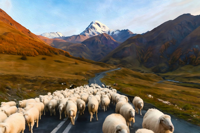 Mount Kazbek Sheep Drive, Kazbegi watercolor canvas