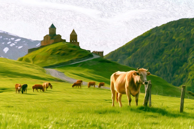 Gergeti Trinity Church Kazbegi, Kazbegi watercolor canvas