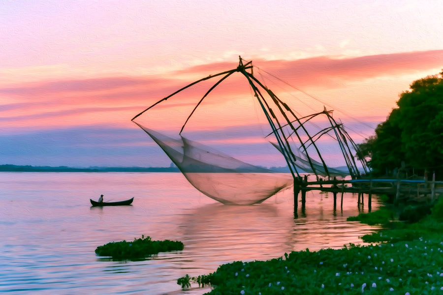 Chinese Fishing Nets Sunset &mdash; Kerala Backwaters canvas