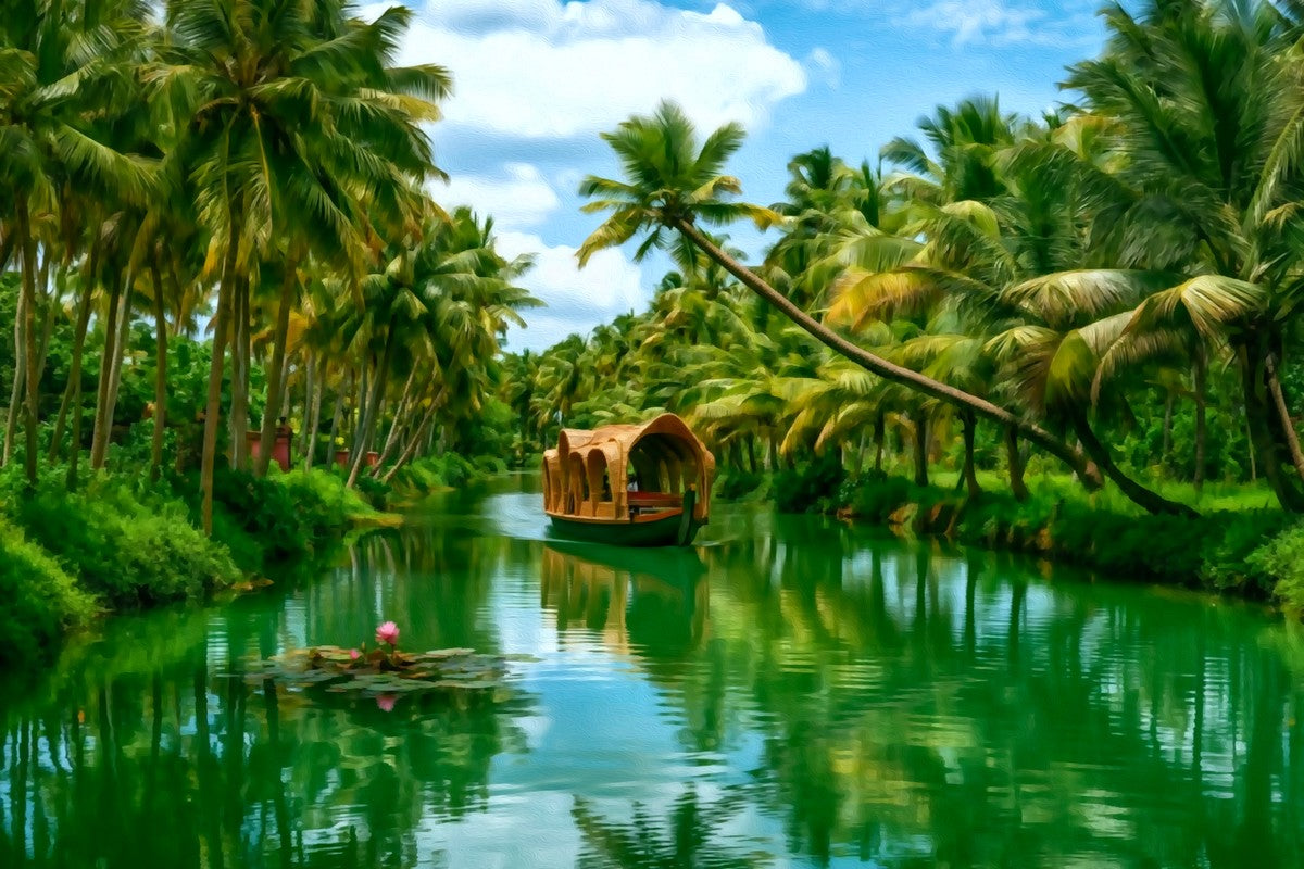 Kerala Backwaters Houseboat Canal gallery canvas, unframed and in an espresso floating frame — Kerala Backwaters, India