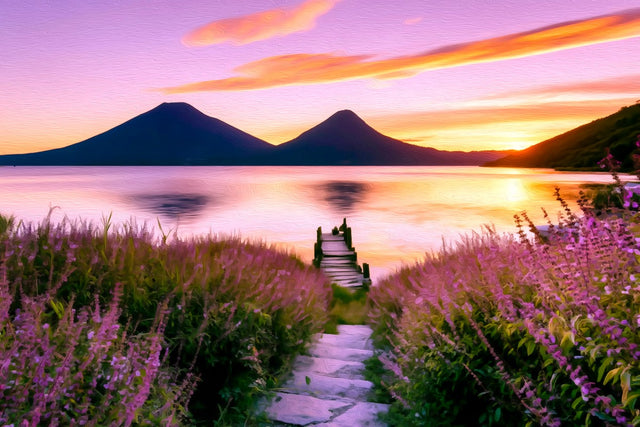 Lake Atitlan Volcano Sunset, Lake Atitlan watercolor canvas