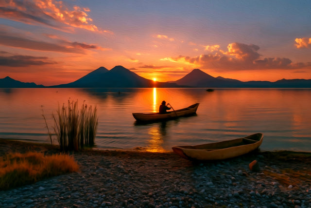 Lake Atitlan Volcano Sunset, Lake Atitlan watercolor canvas
