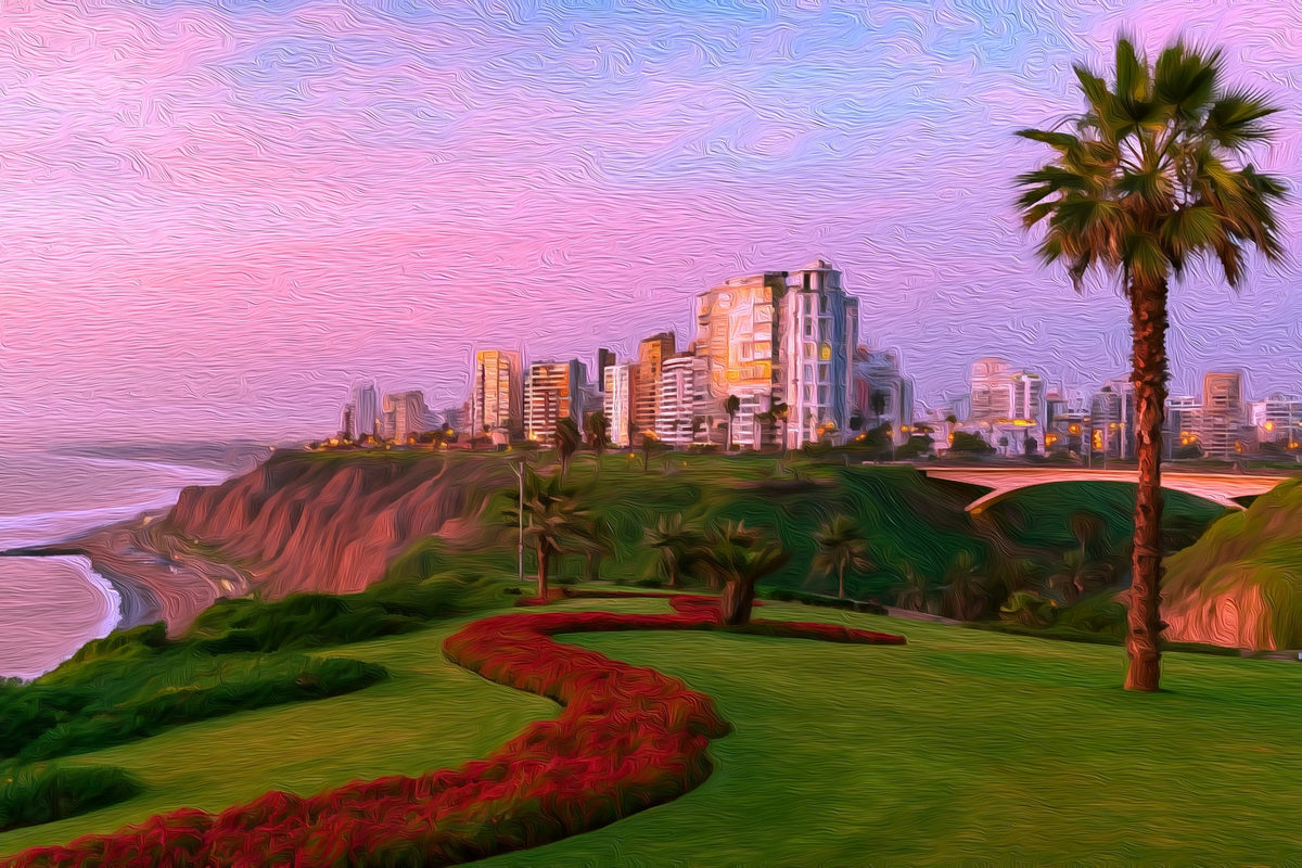 Miraflores Coastal Park Skyline gallery canvas, unframed and in an espresso floating frame — Lima, Peru