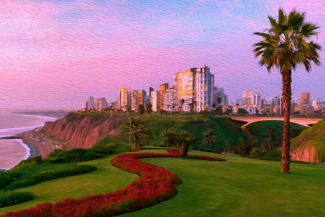 Miraflores Coastal Park Skyline, Lima watercolor canvas