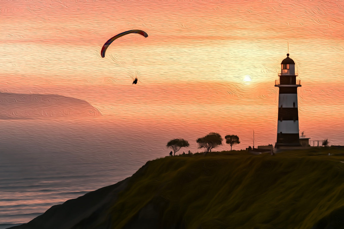 Miraflores Lighthouse Coastal Cliff gallery canvas, unframed and in an espresso floating frame — Lima, Peru