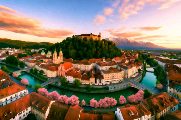 Ljubljana Castle Hill Old Town, Ljubljana watercolor canvas