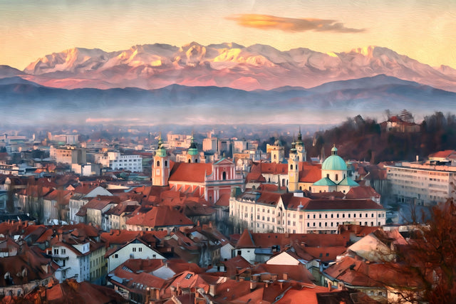 Ljubljana Old Town Skyline, Ljubljana watercolor canvas