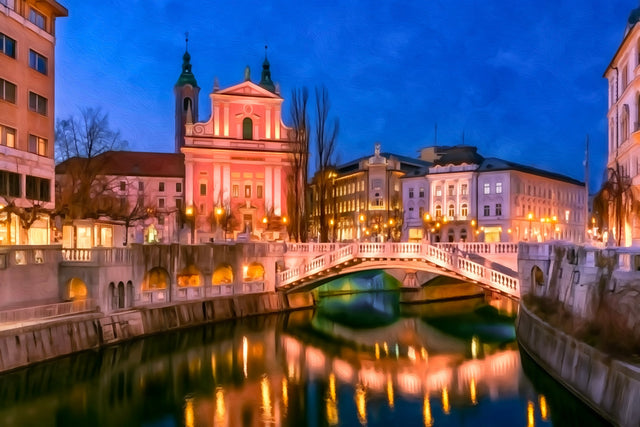 Triple Bridge Ljubljanica River, Ljubljana watercolor canvas