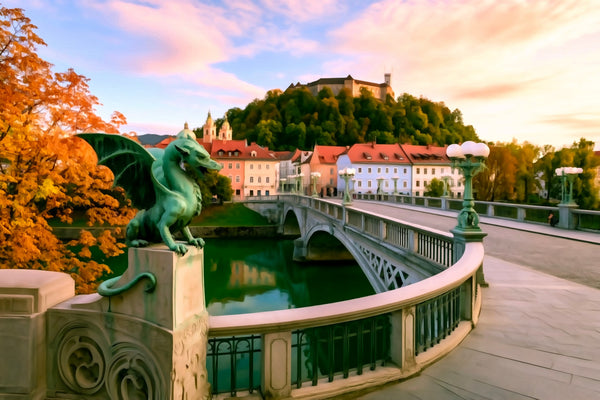 Dragon Bridge Ljubljana Slovenia, Ljubljana watercolor canvas