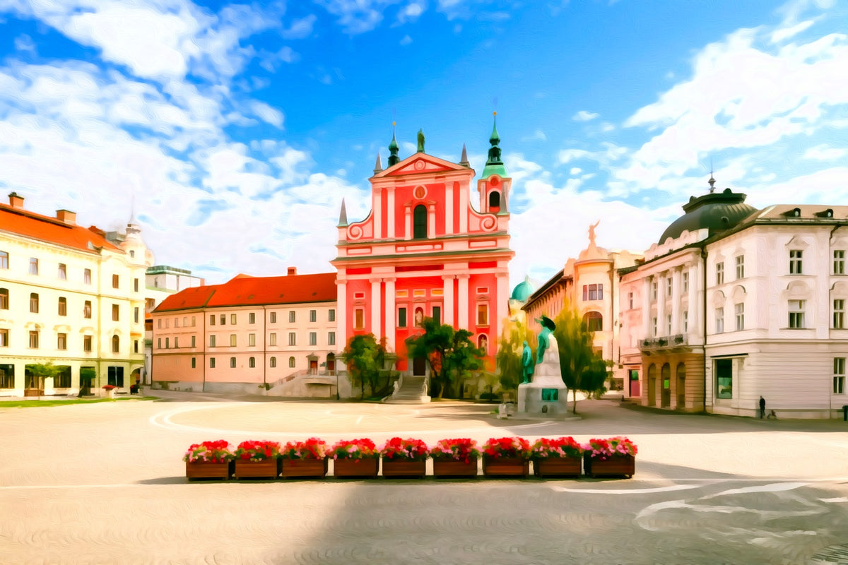 Franciscan Church Preseren Square gallery canvas, unframed and in an espresso floating frame — Ljubljana, Slovenia